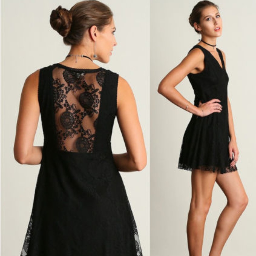 Umgee Stretchy LBD Black Dress Lace Sheer Back